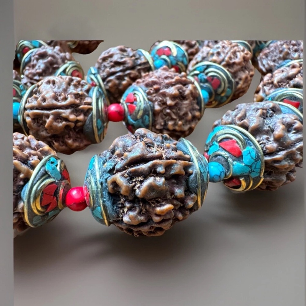 Vintage Rudraksha Yoga Necklace Capped With Bronze Inlay Turquoise & Coral 35”in - Picture 9 of 10